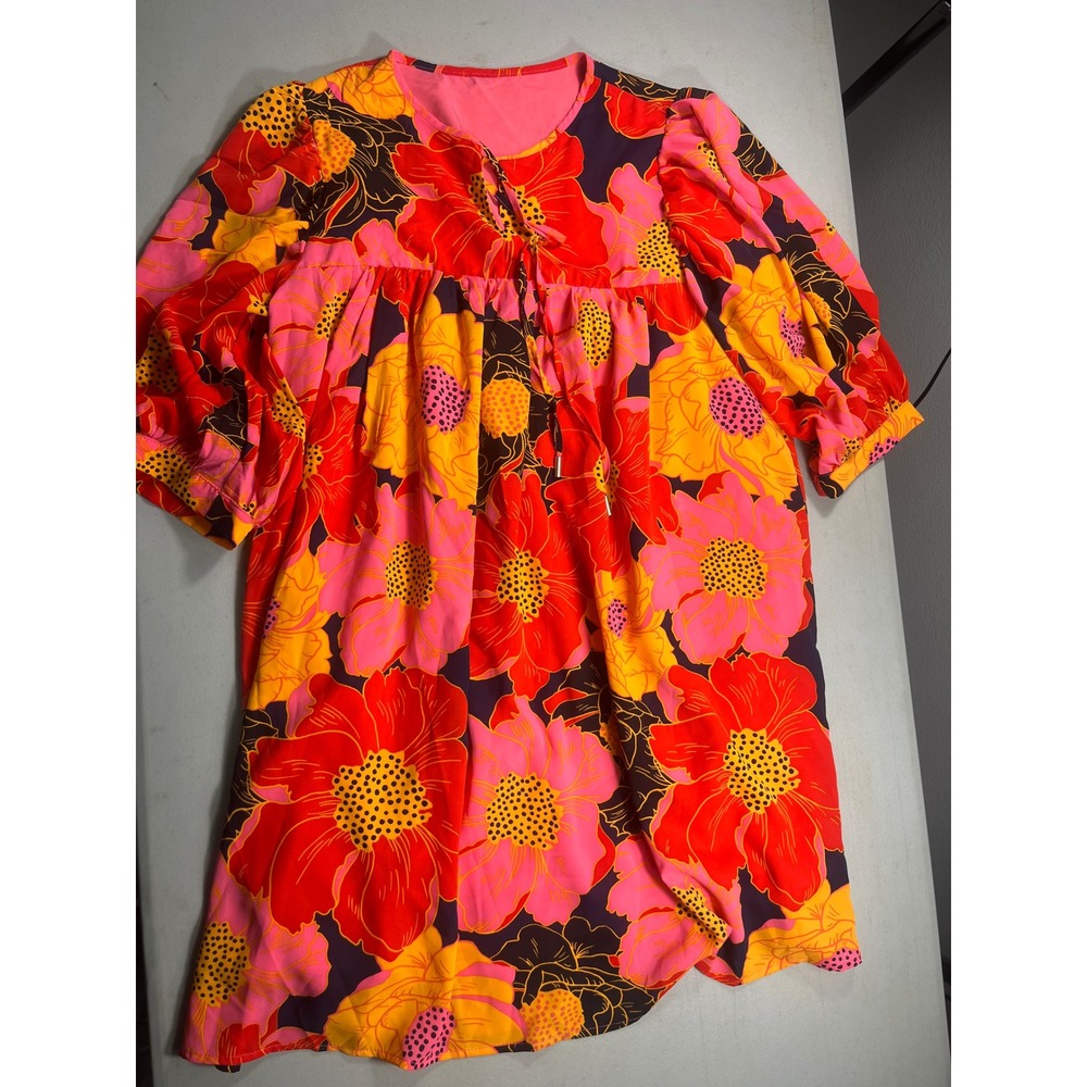 Womens XL Floral Babydoll Mini Dress Pink Orange Red Puff Sleeve Mod Retro